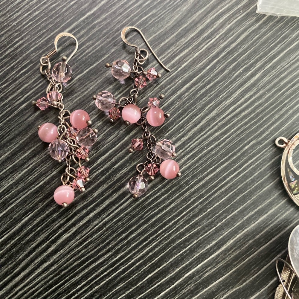 Pink Crystal Cluster Dangle Earrings - Women Jewelry stamped 925